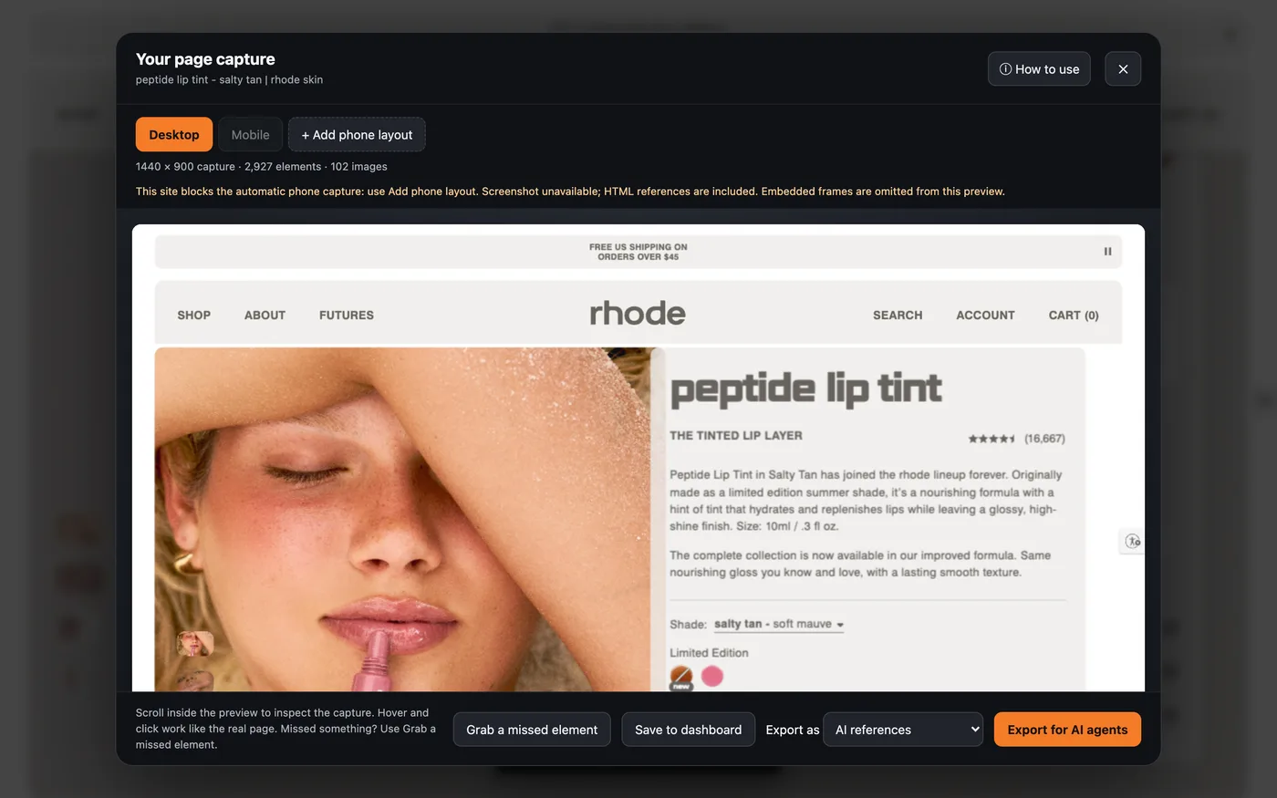 The clone tool's capture panel over a live product page